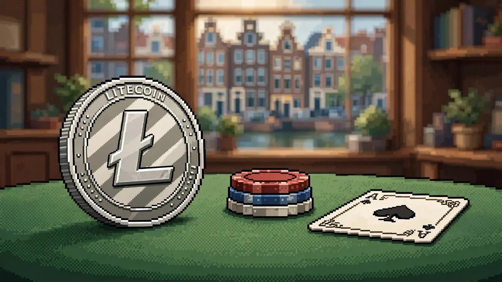 Litecoin-munt op een groene casinotafel met chips en speelkaart