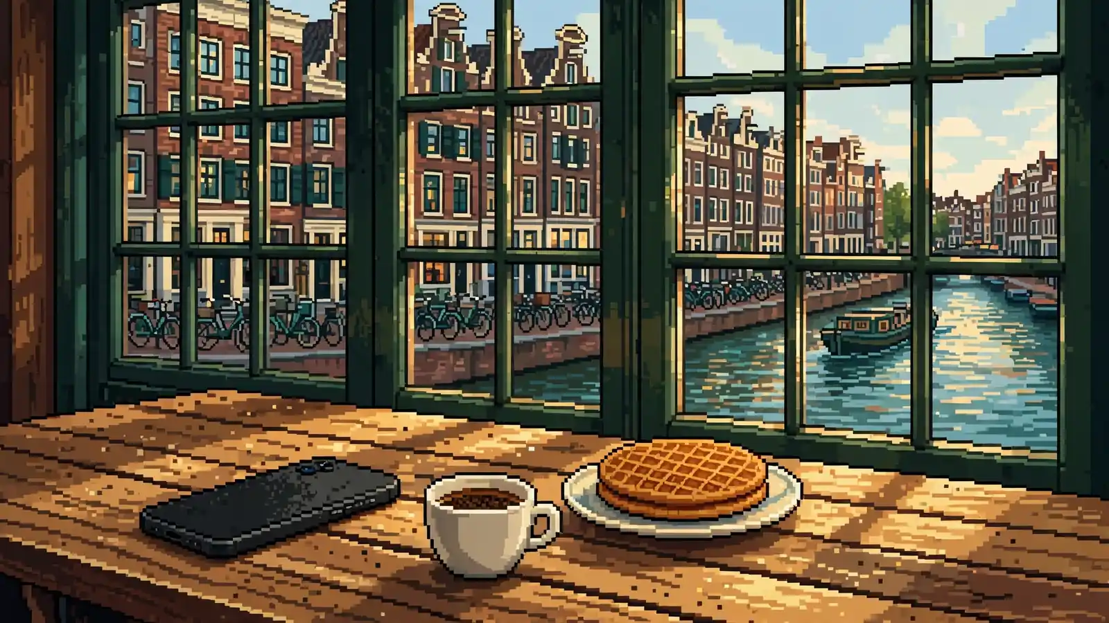 Smartphone op houten tafel in Amsterdams café met uitzicht op grachtenpanden en fietsen