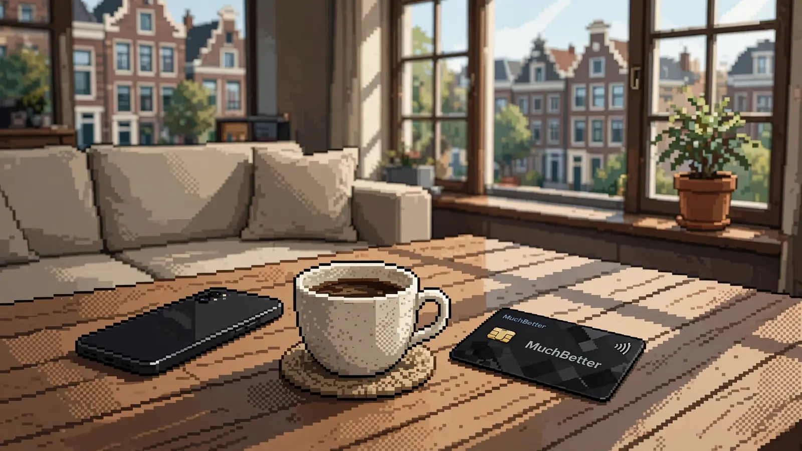 Smartphone met MuchBetter-kaart op een tafel in een lichte Nederlandse woonkamer.