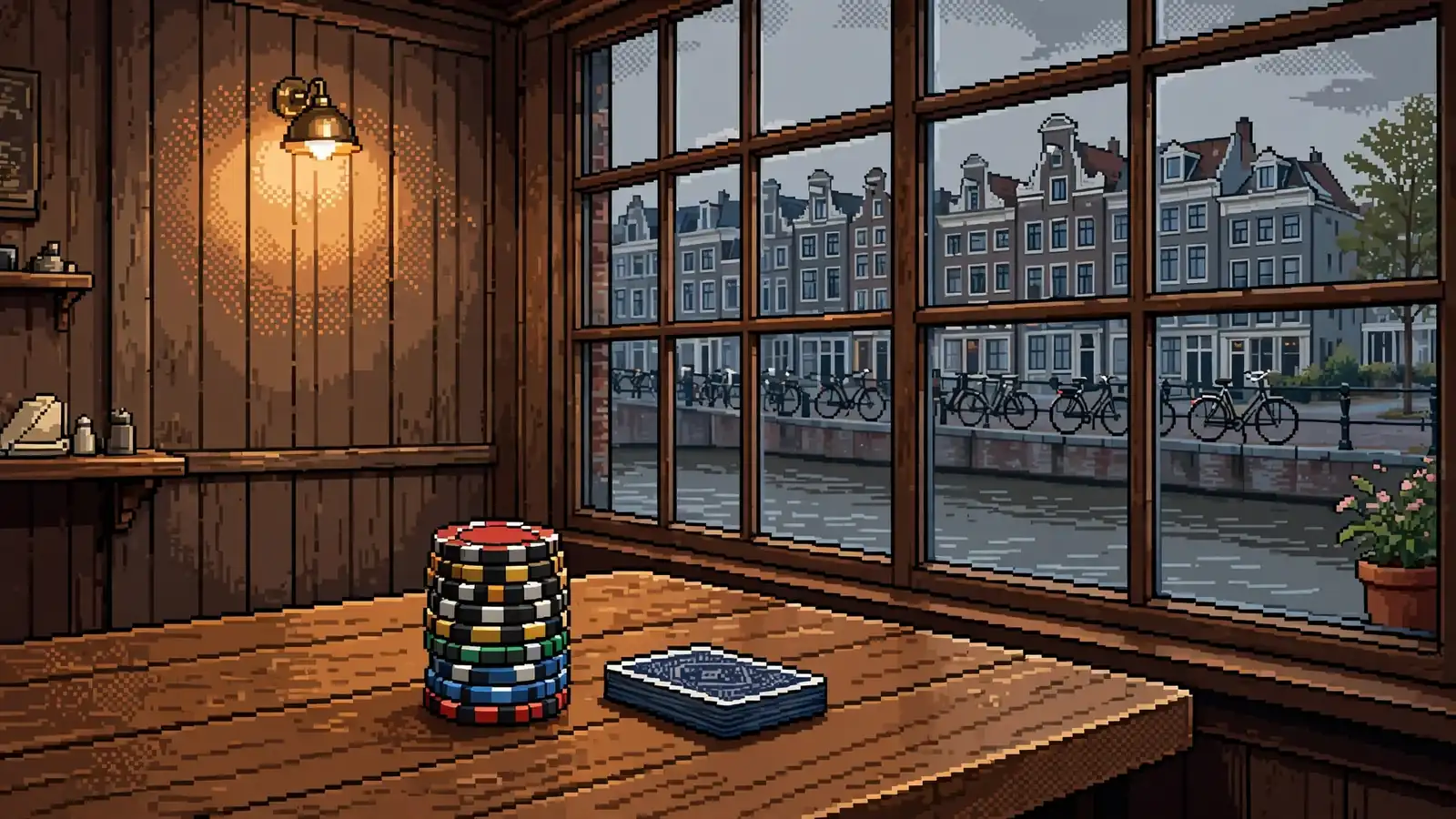 Stapel casinofiches en kaarten op een houten tafel in een bruin café aan een Amsterdamse gracht.