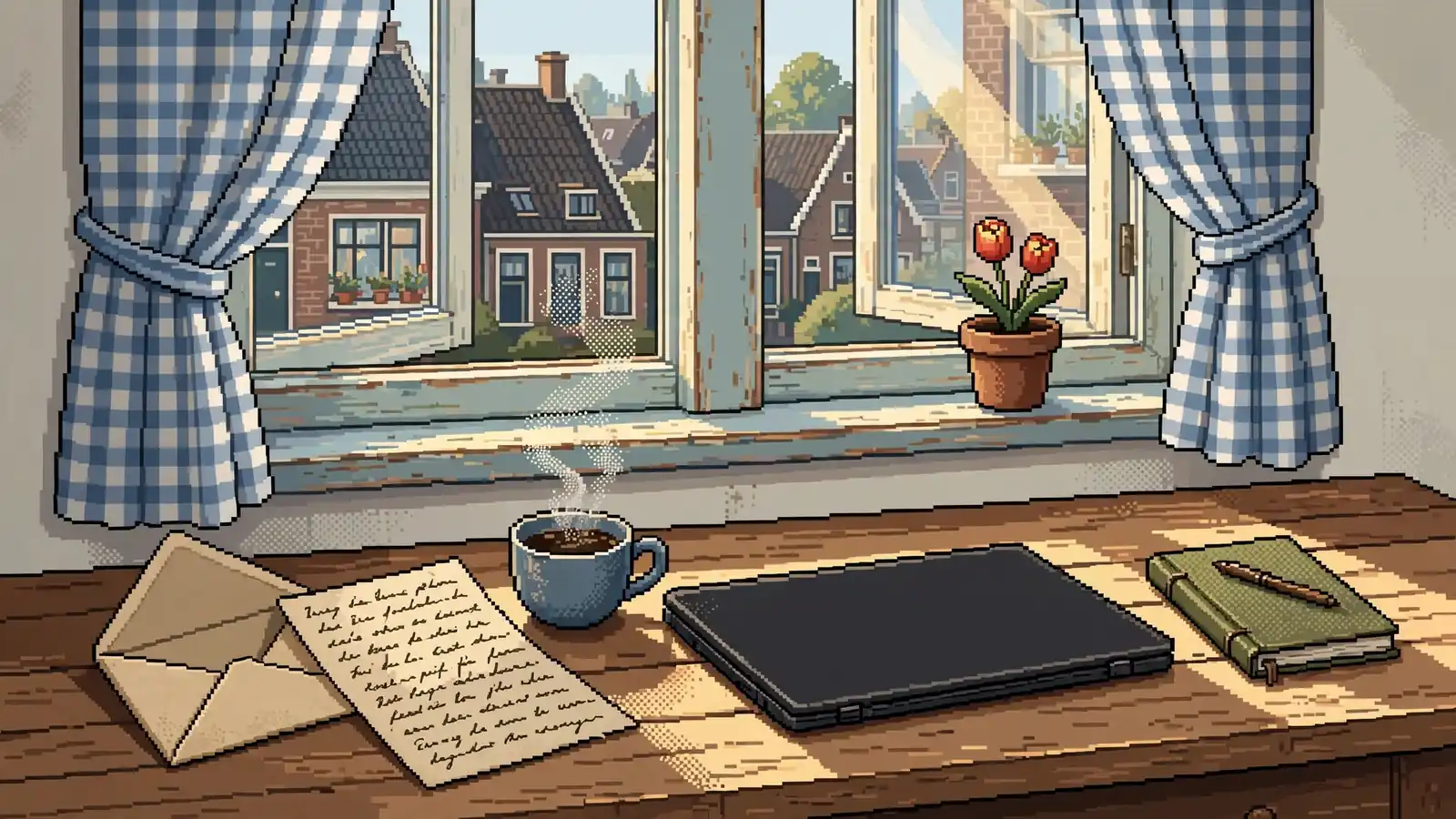 Een open envelop met brief op een bureau naast koffie en een dichtgeklapte laptop.
