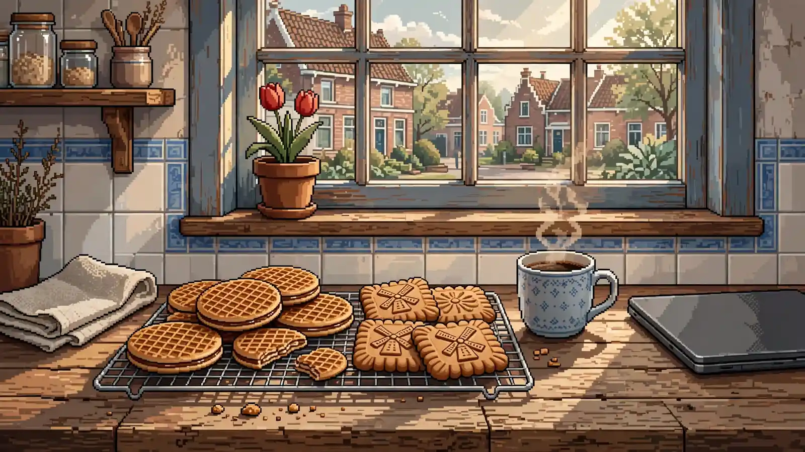 Verse Nederlandse koekjes op een houten aanrecht met een gesloten laptop en koffiemok