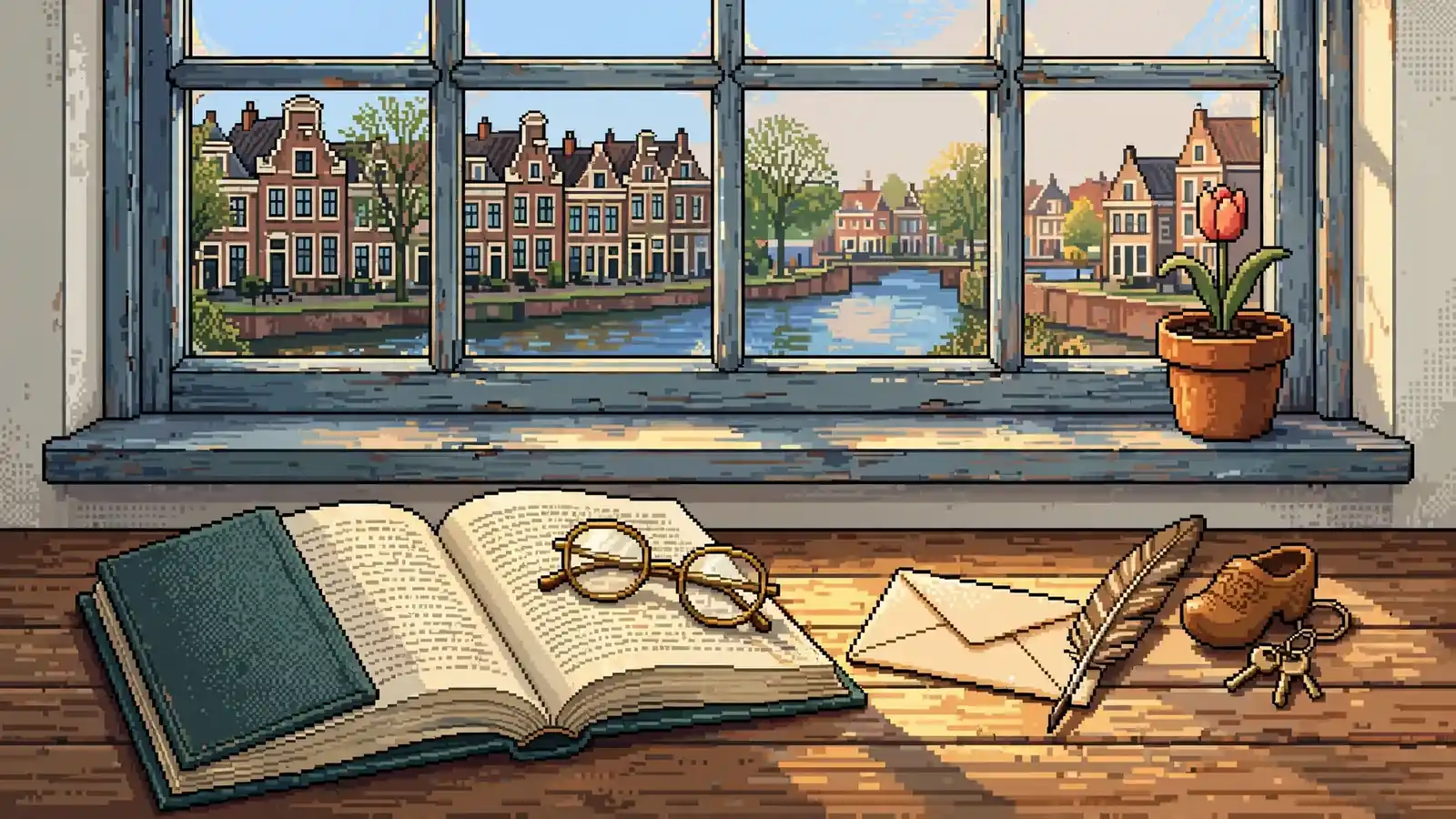 Open boek op bureau met bril en veer bij Nederlands raam