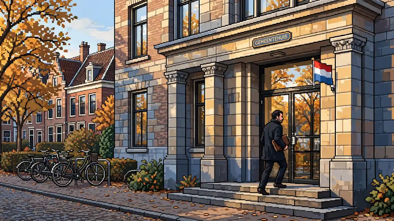 Man loopt naar een Nederlands overheidsgebouw met map documenten
