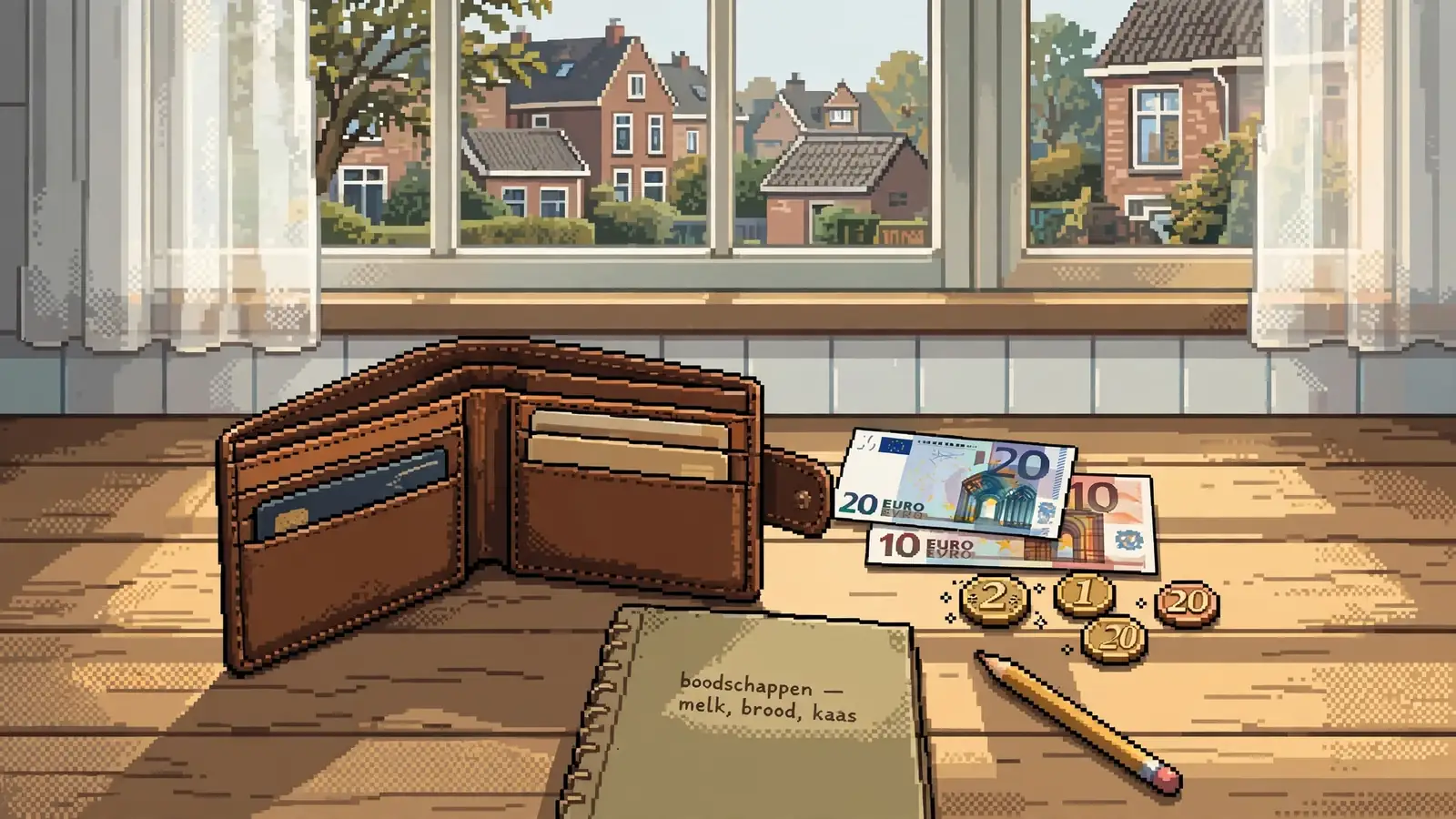 Open portemonnee met eurobiljetten op een keukentafel