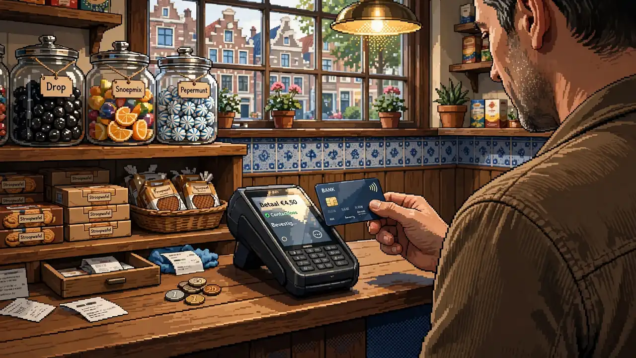 Contactloos betalen met een bankpas bij een Nederlandse winkel