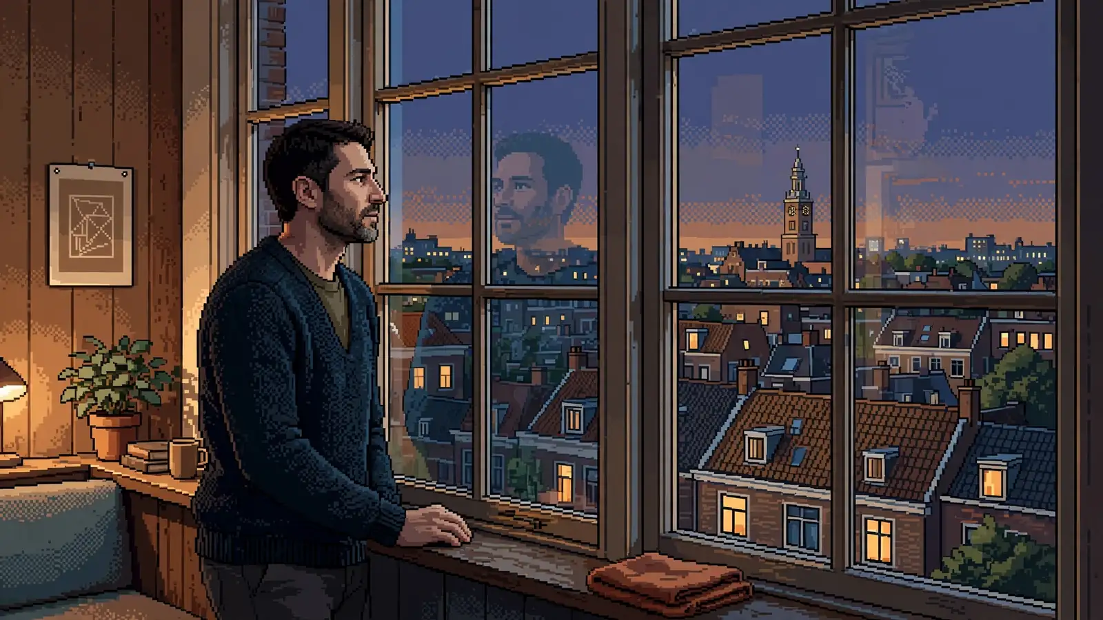 Man staat bij een raam in een Nederlands appartement in de schemering