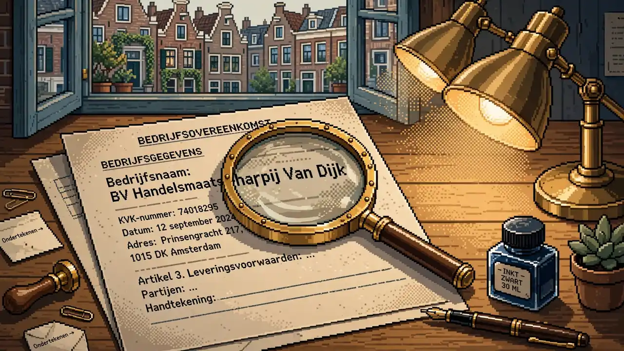 Vergrootglas bekijkt een bedrijfscontract op een bureau