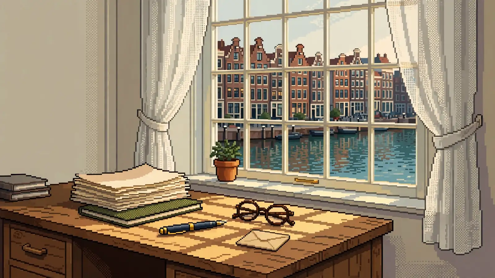 Stapels papier op een houten bureau met uitzicht op Amsterdamse grachtenpanden door het raam