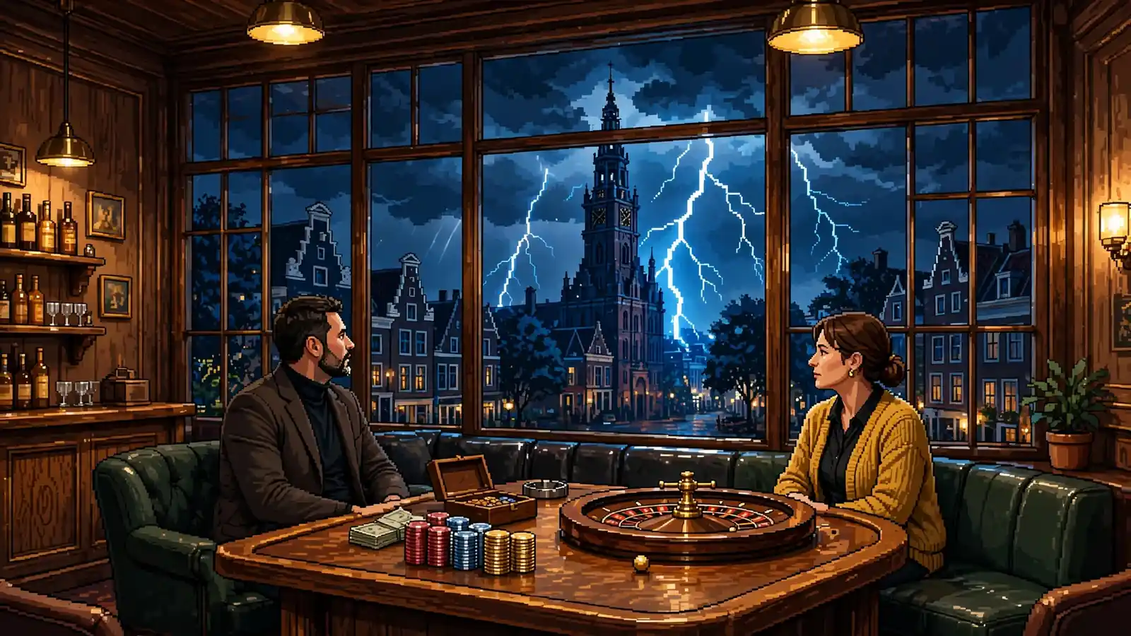 Bliksem boven een Nederlands casino-interieur met roulette en fiches
