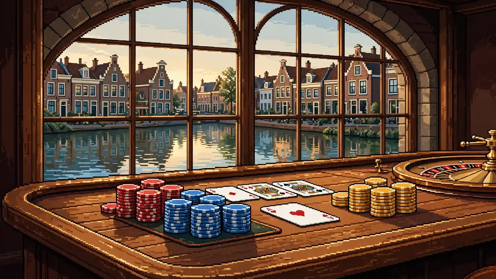 Houten casinotafel met kleurrijke fiches en kaarten, uitzicht op een Nederlandse gracht.