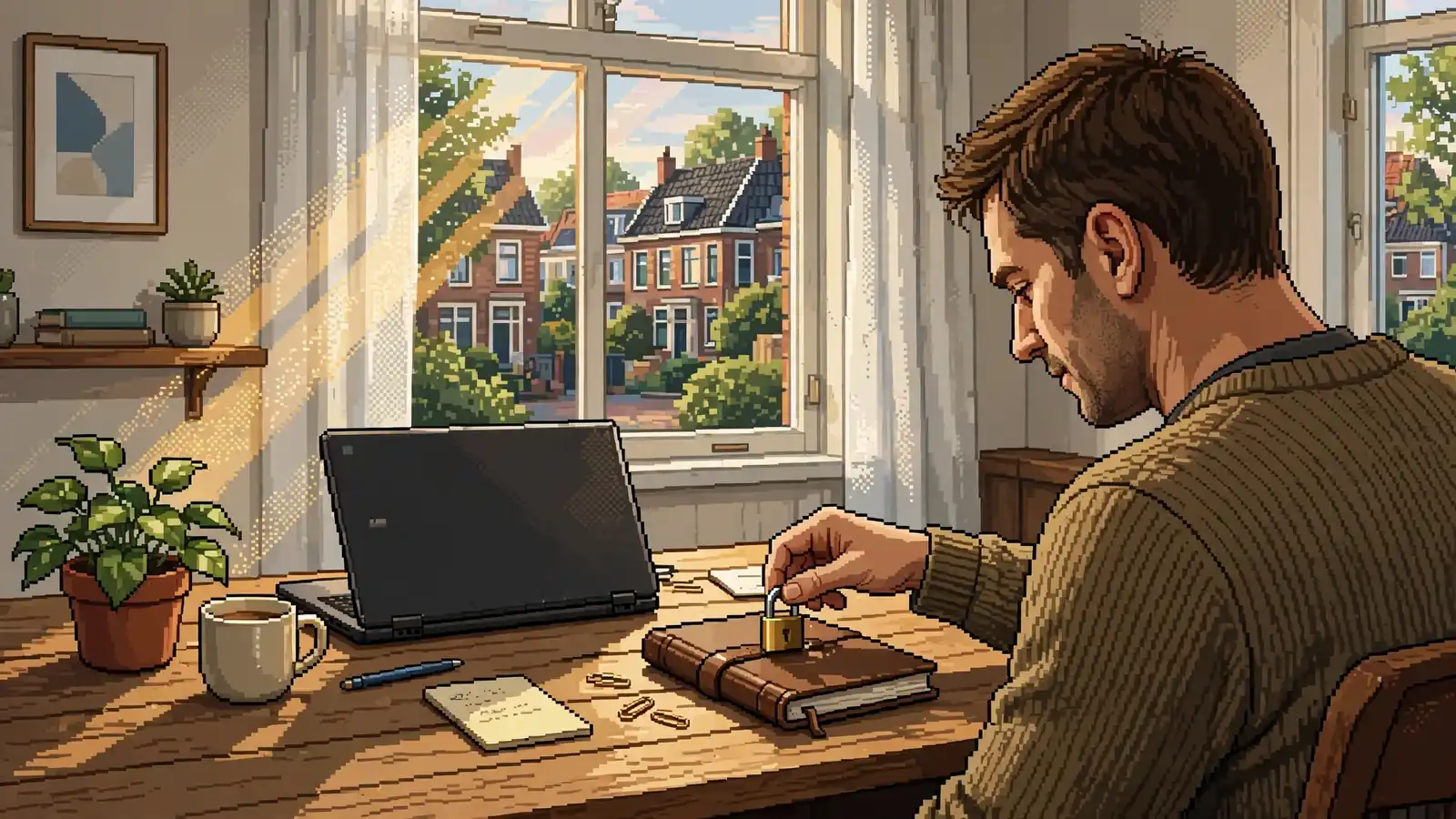 Persoon die een hangslot op een notitieboek legt bij een laptop in een rustige werkruimte.