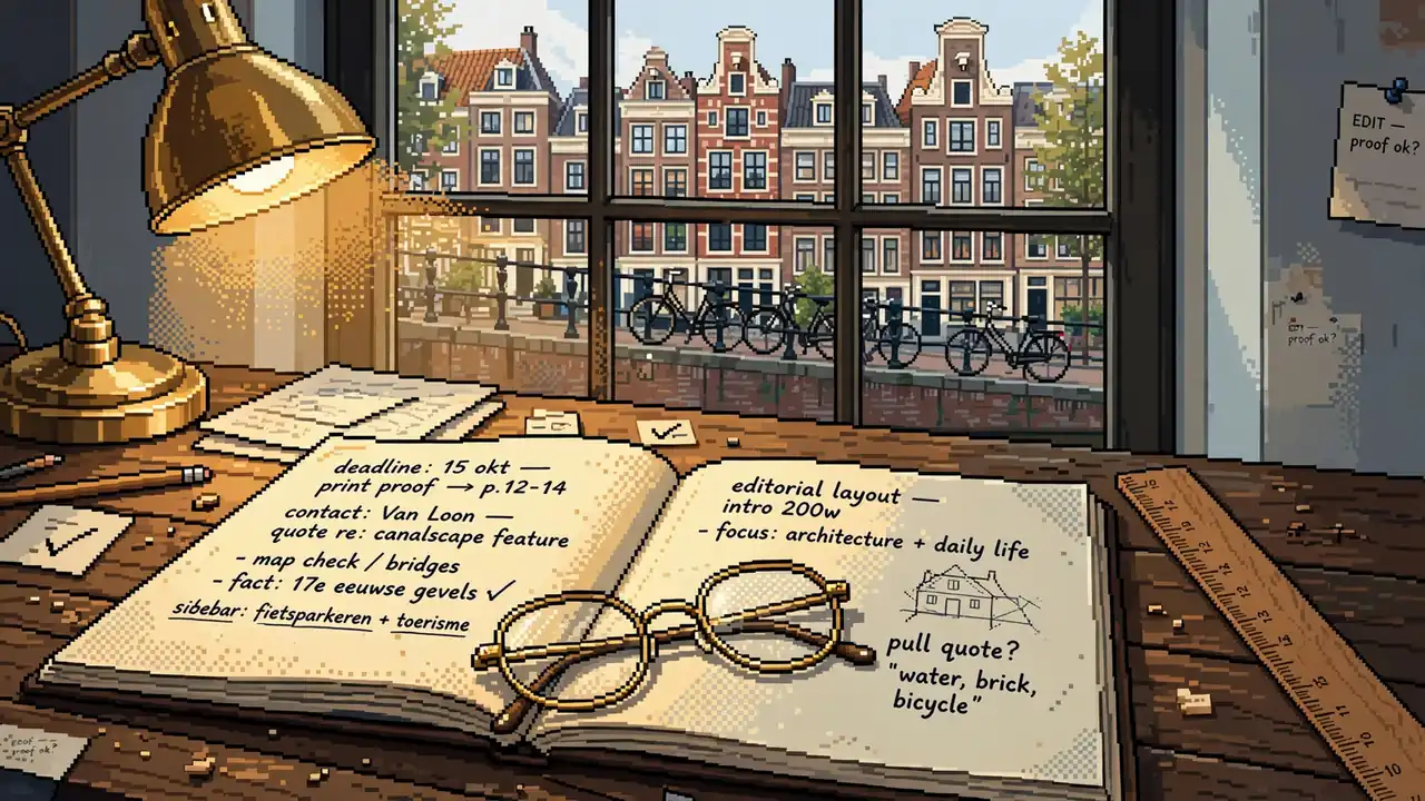 Redactietafel in Amsterdam met notitieboek, leesbril en uitzicht op een grachtenpand.