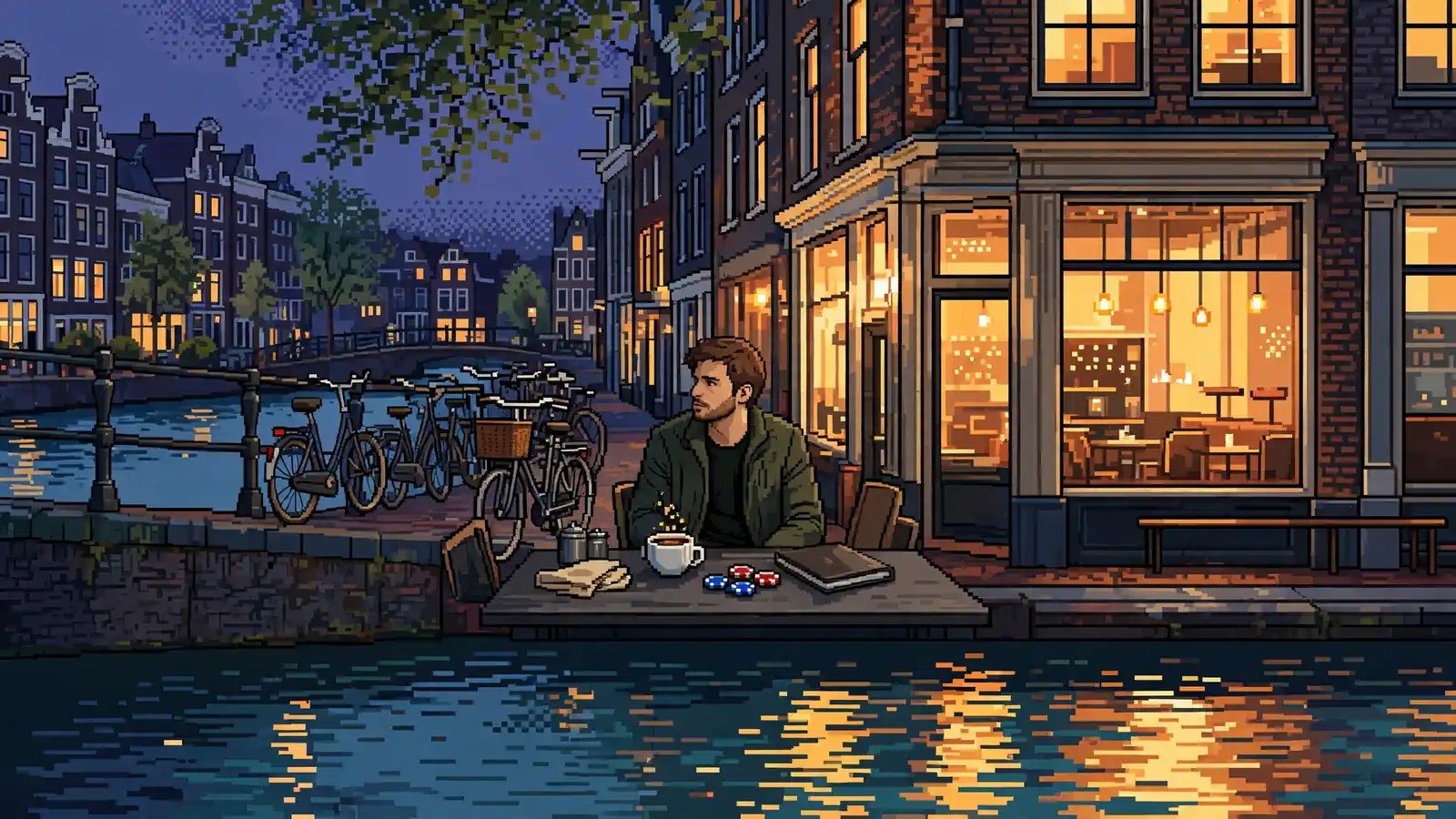 Jong volwassene denkt na bij een café aan de Amsterdamse gracht, met ongebruikte pokerfiches op tafel.