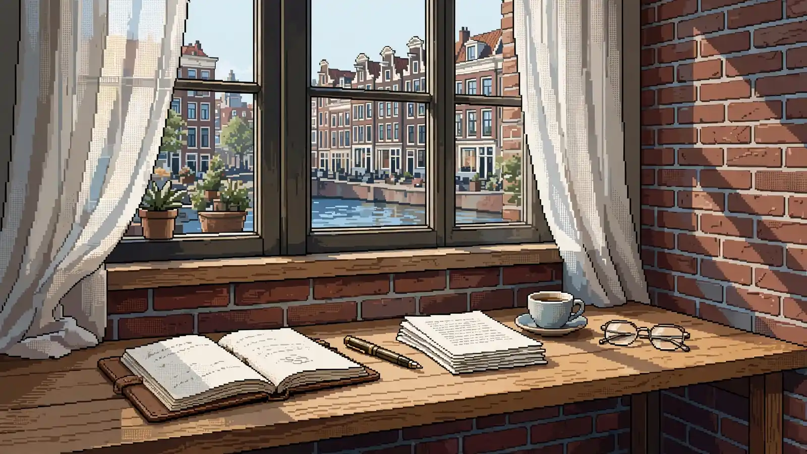 Houten bureau in een Amsterdams grachtenpand met notitieboek, pen en documenten bij daglicht